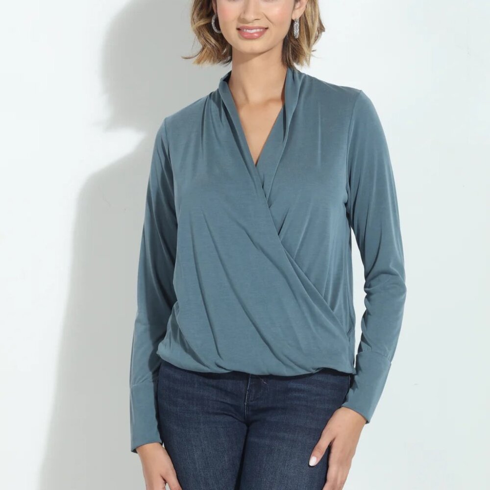 Veronica M Blue Cupro Draped Surplice Top